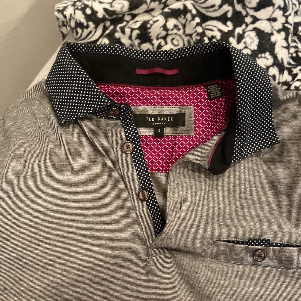Ted Baker mens gray with navy collar polo. Size 4